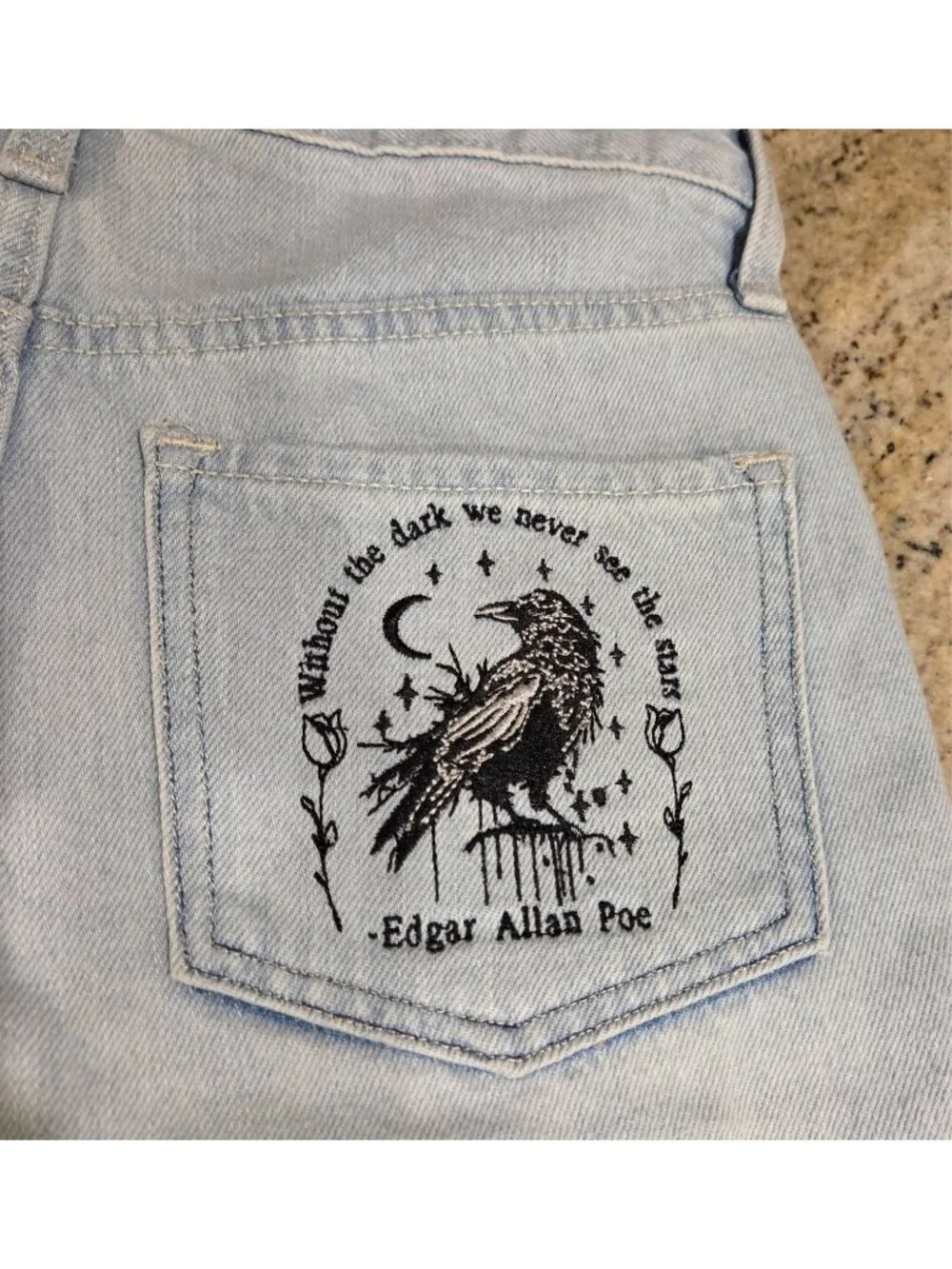 Old Navy Girls 12 Jean Shorts Slouchy Straight Cut Off Embroider Edgar Allen Po